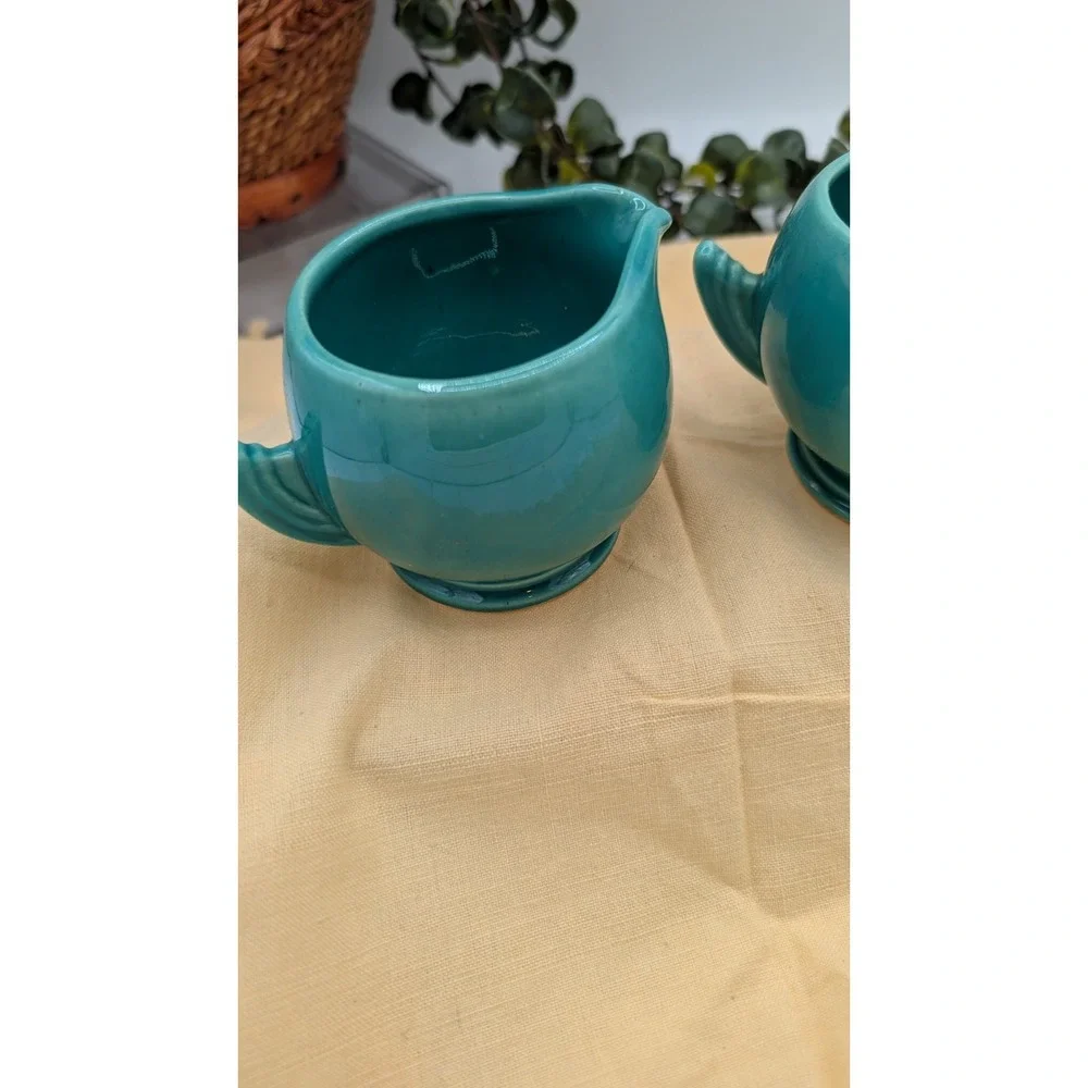 Vintage Art Deco Teal Ceramic Creamer & Sugar Bowl - Wing Handles & Retro Glaze